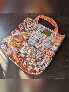 Handmade Large Reversible Canvas Beach Tote Bag w/ Cats & Flowers Cottagecore